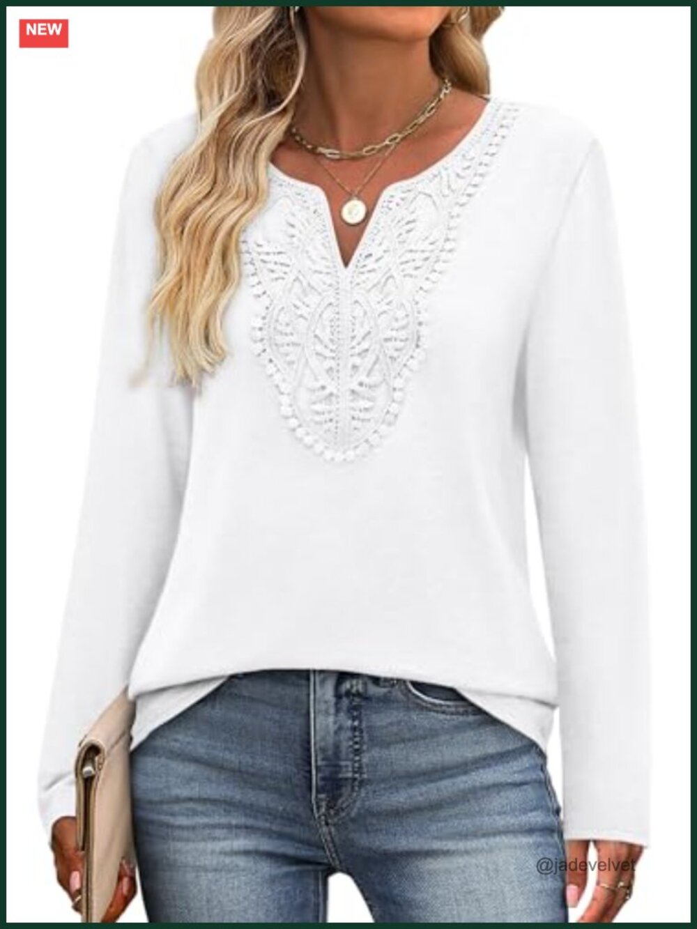 V Neck Long Sleeve Tunic Blouse Lace Front Curved Hem Loose Fit Polyester Rayon